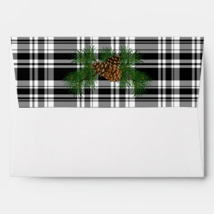 Black and white plaid pine cone - happy holidays envelope