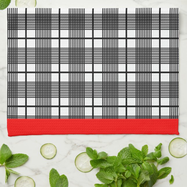 Black and White Plaid Red Border Kitchen Towel (Folded)