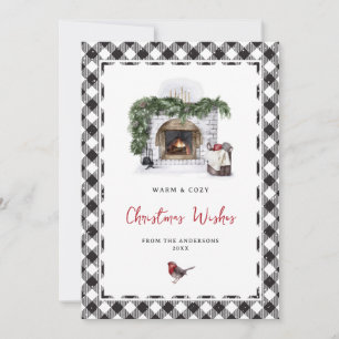 Black and White Plaid Robin Christmas Wishes Holiday Card