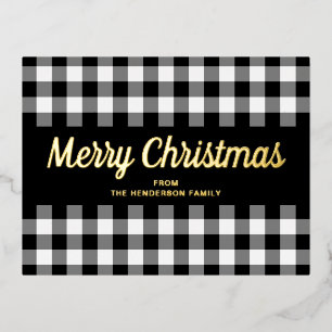Black And White Plaid Script Christmas Gold Foil Holiday Postcard
