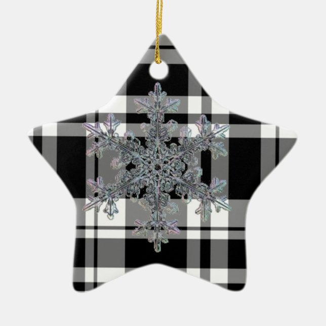 black and white plaid snow flake ceramic tree decoration (Front)