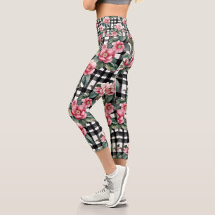 Black and White Plaid With Leafy Pink Camellias Capri Leggings