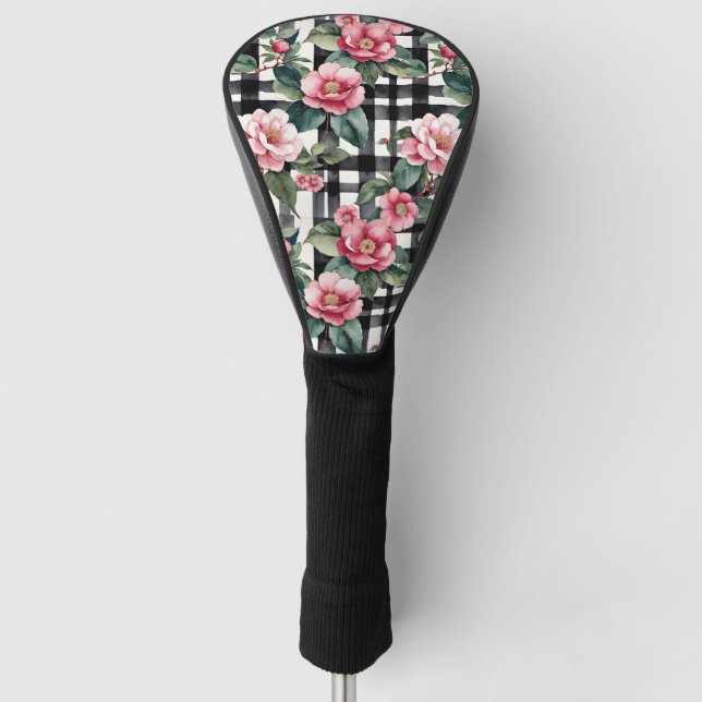 Black and White Plaid With Leafy Pink Camellias Golf Head Cover (Front)