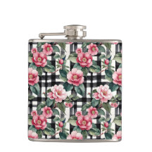 Black and White Plaid With Leafy Pink Camellias