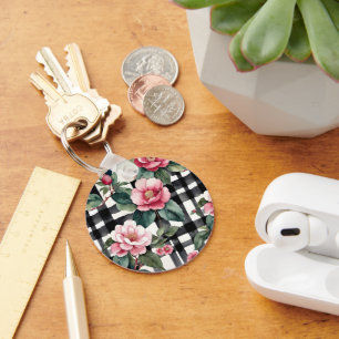 Black and White Plaid With Leafy Pink Camellias Key Ring