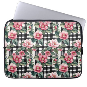 Black and White Plaid With Leafy Pink Camellias Laptop Sleeve
