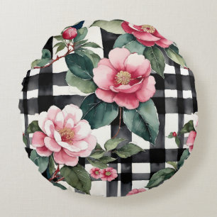 Black and White Plaid With Leafy Pink Camellias Round Cushion