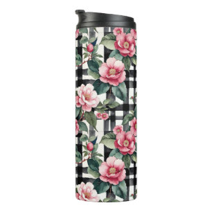 Black and White Plaid With Leafy Pink Camellias Thermal Tumbler