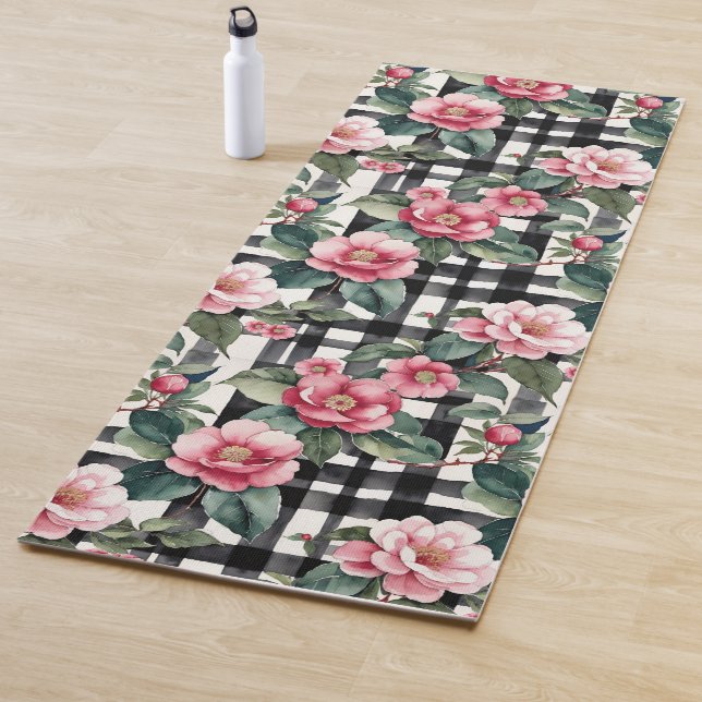 Black and White Plaid With Leafy Pink Camellias Yoga Mat (In Situ)