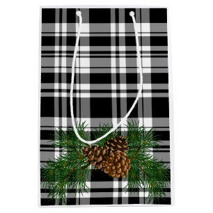 Black and white Plaid with Pine-cone detail Medium Gift Bag