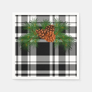 Black and White Plaid with pine cone detail Napkin