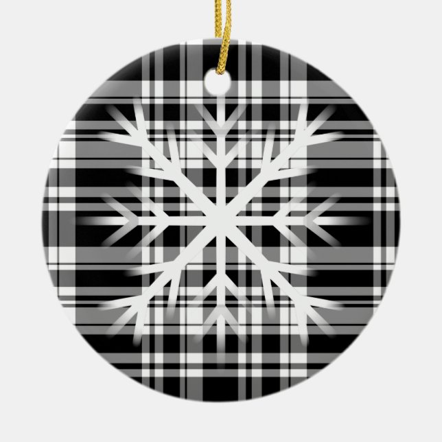Black and White Plaid with snow flake detail Ceramic Tree Decoration (Front)