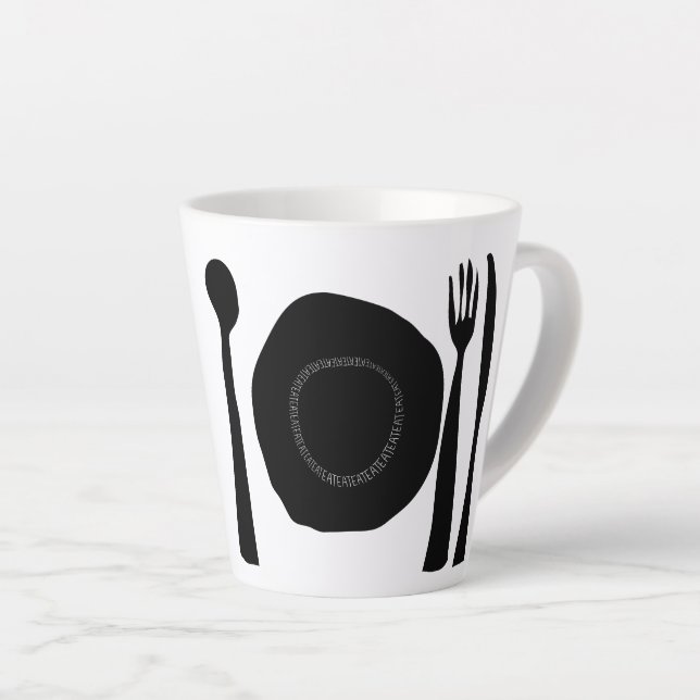 Black and White Plate and Utensils Latte Mug (Right Angle)