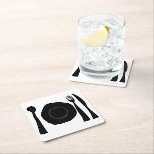 Black and White Plate and Utensils Square Paper Coaster