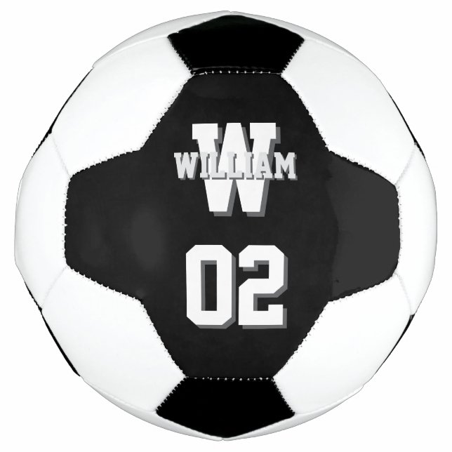 Black and White Player Name and Team Number Soccer Ball (Front)