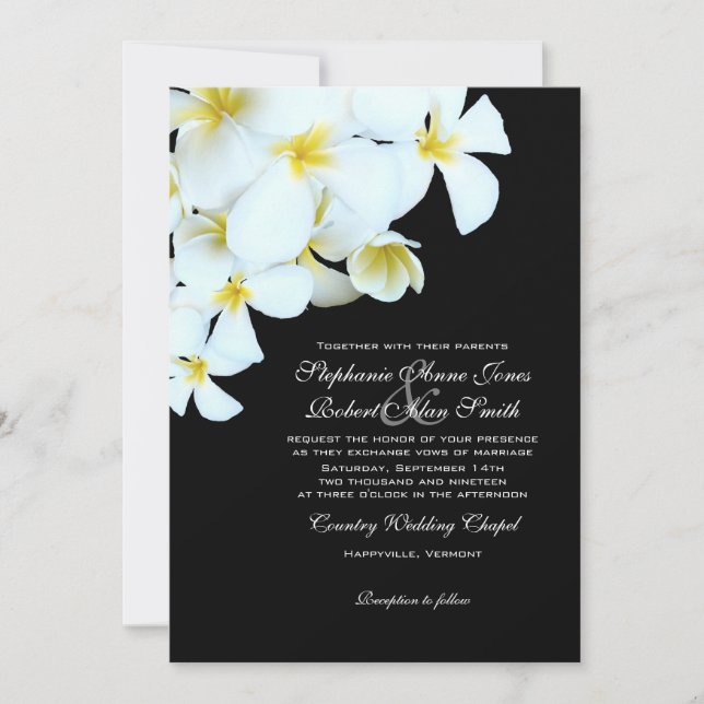 Black and White Plumeria Beach Wedding Invitations (Front)