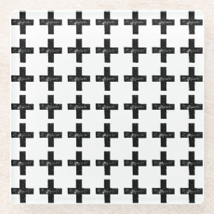 Black and White "Plus" Math Symbol Lino Cut Glass Coaster