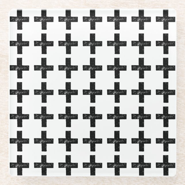 Black and White "Plus" Math Symbol Lino Cut Glass Coaster (Front)