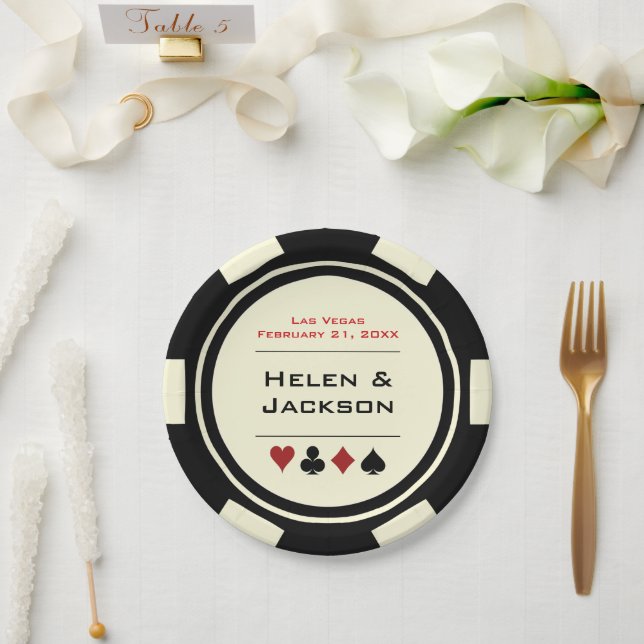 Black and White Poker Chip Las Vegas Wedding Paper Plate (Wedding)