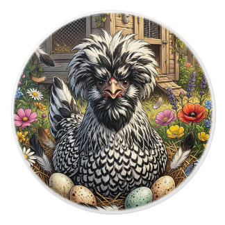 Black and White Polish Chicken Coop Ceramic Knob
