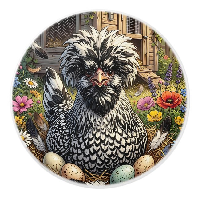 Black and White Polish Chicken Coop Ceramic Knob (Front)