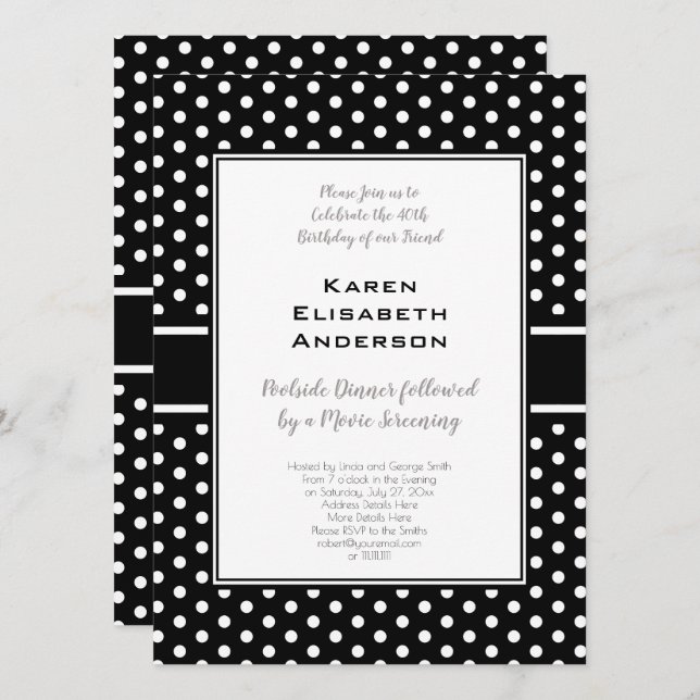 Black and White Polka Dot 40th Birthday Party Invitation (Front/Back)