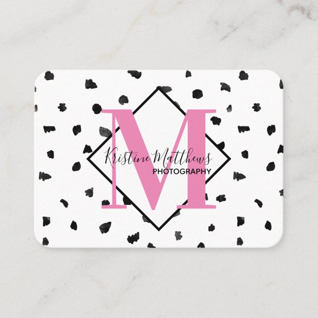 Black and White Polka Dot Custom Monogram/Initial Business Card (Front)