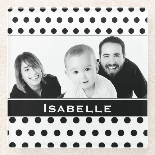 Black and White Polka Dot Custom Photo Glass Coaster (Front)