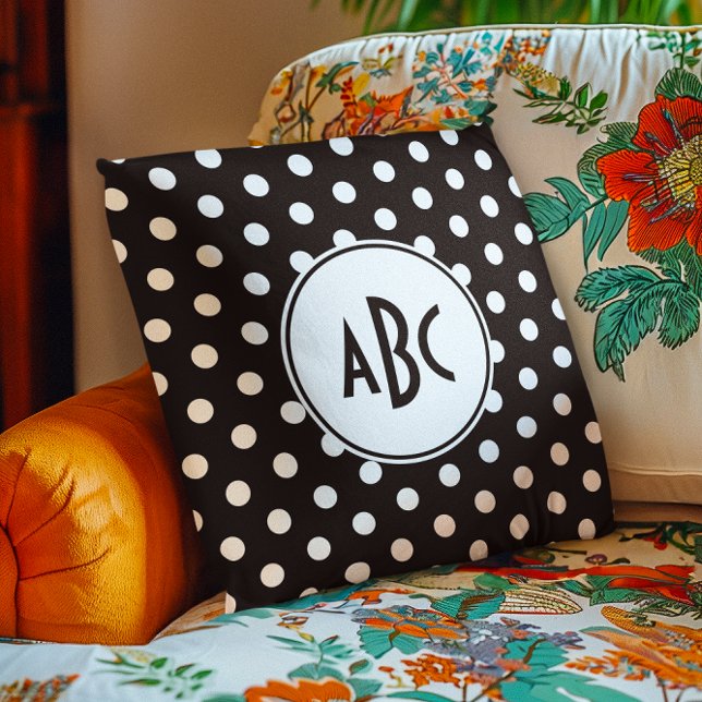 Black and White Polka Dot Monogram Cushion (Black and White Polka Dot Monogram Throw Pillow)
