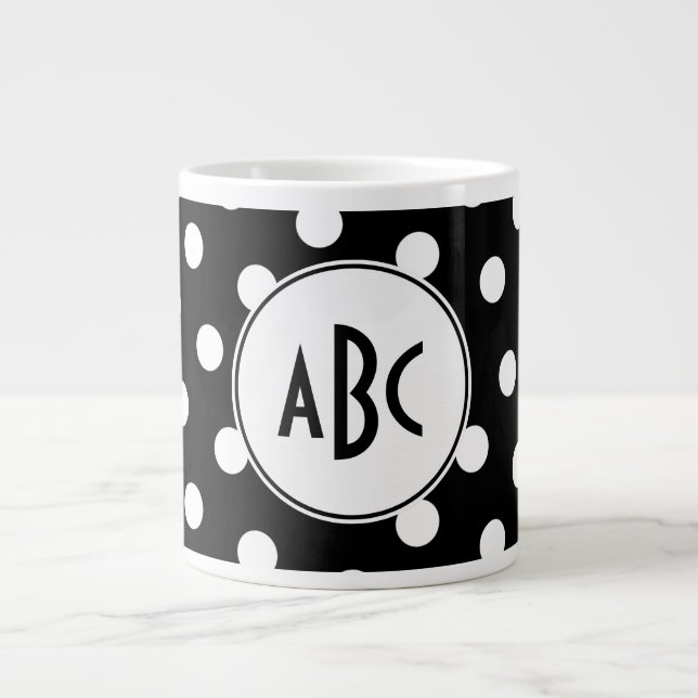 Black and White Polka Dot Monogram Large Coffee Mug (Front)
