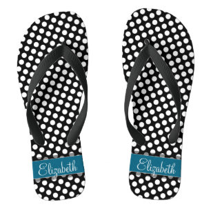 Black and White Polka Dot Pattern Blue Monogram Jandals