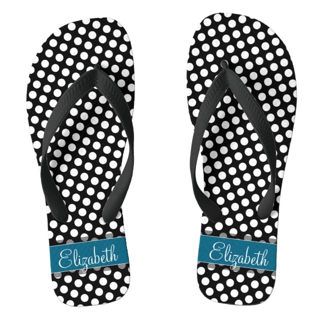 Black and White Polka Dot Pattern Blue Monogram Jandals (Footbed)