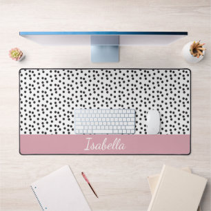 Black and White Polka Dot Pattern Custom Name Desk Mat