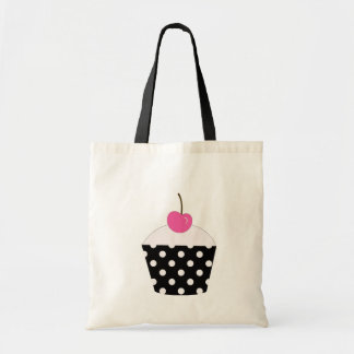Black and White Polka Dot Pink Cherry Cupcake Tote Bag