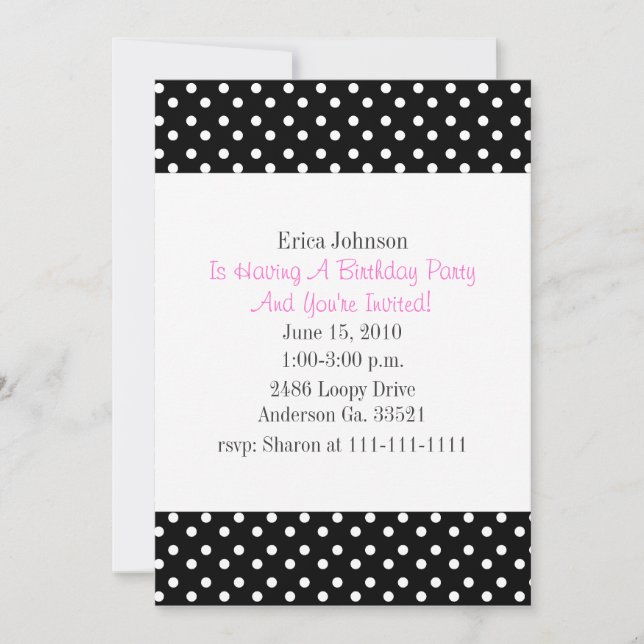 Black and White Polka Dot Print Party Invitation (Front)