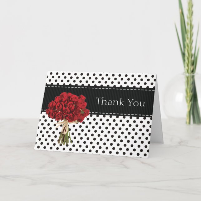 Black and White Polka Dot Red Roses Thank You Card (Front)