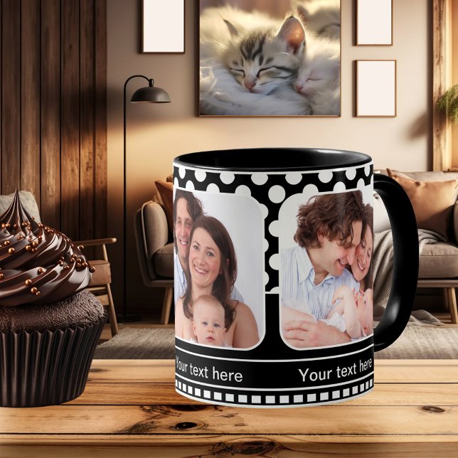 Black and White Polka Dot Retro Photo Frame Mug (Modern mug featuring your own favorite photos framed by a black and white polka dot design)