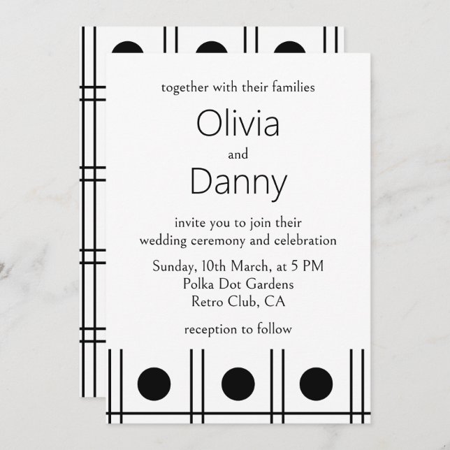 Black and White Polka Dot Retro Wedding Invitation (Front/Back)