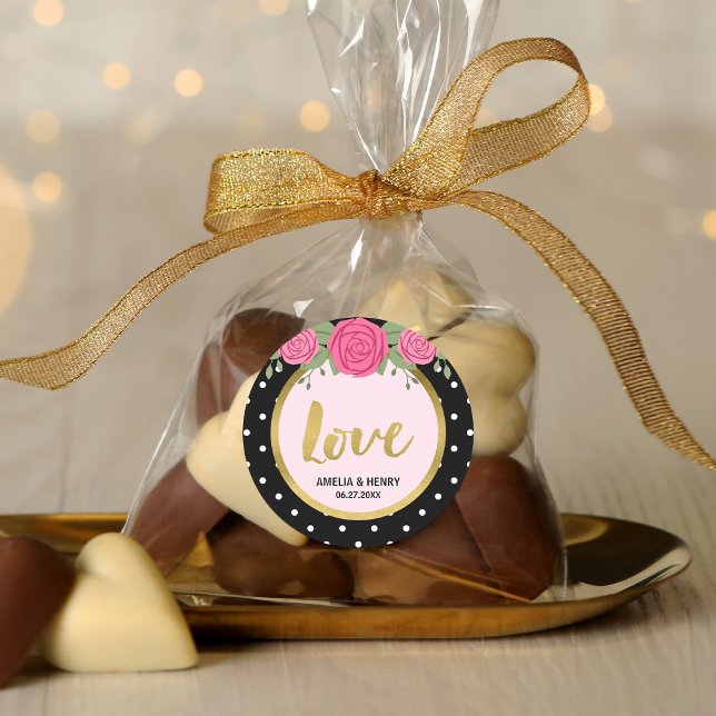 Black and White Polka Dot Roses Wedding Love Classic Round Sticker (Creator Uploaded)