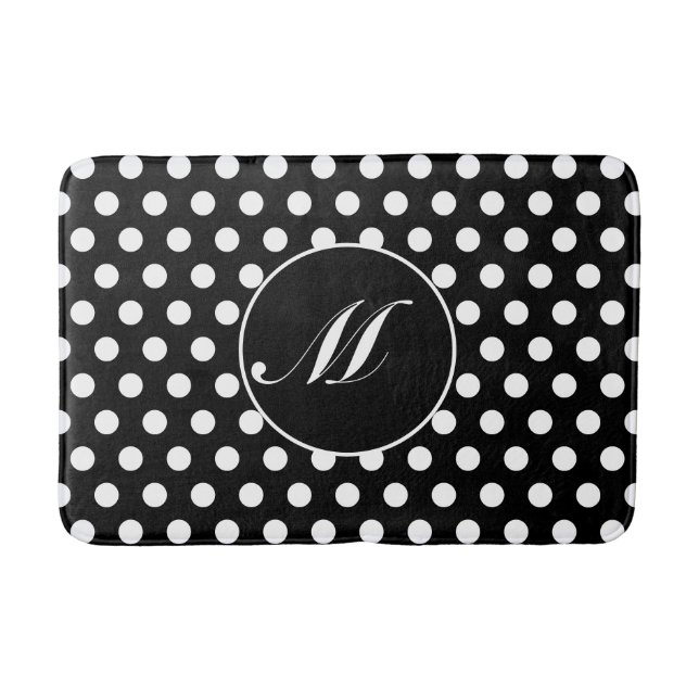 Black and White Polka Dot Round Monogram Bath Mat (Front)