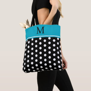 Black and White Polka Dot With Azure Blue Monogram Tote Bag