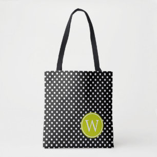 Black and White Polka Dot With Lime Green Monogram Tote Bag