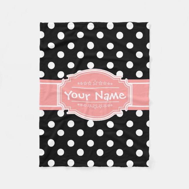 Black and White Polka Dots Coral Personalised Name Fleece Blanket (Front)