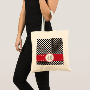 Black and White Polka Dots, Dotted, Monogram Tote Bag