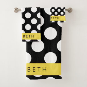 Black and White Polka Dots, Dotted, Your Name Bath Towel Set