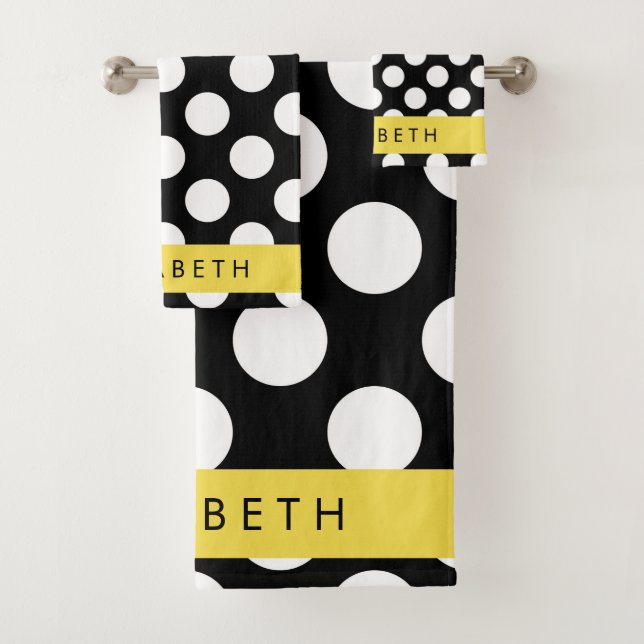 Black and White Polka Dots, Dotted, Your Name Bath Towel Set (Insitu)