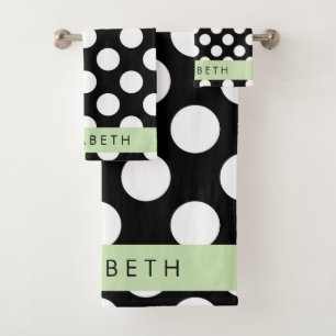 Black and White Polka Dots, Dotted, Your Name Bath Towel Set