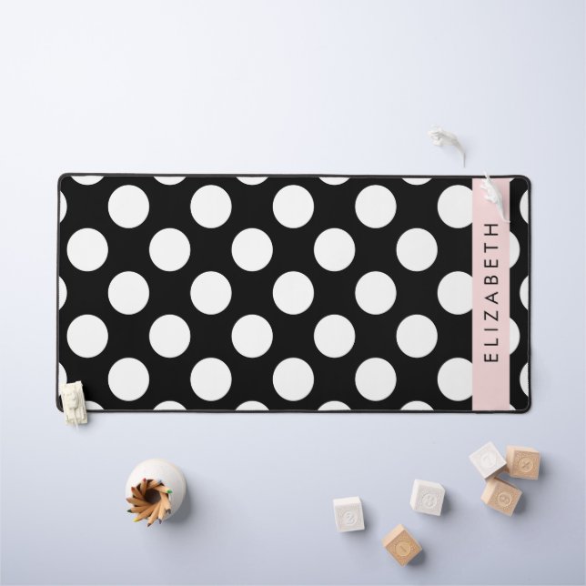 Black and White Polka Dots, Dotted, Your Name Desk Mat (Kids Table)