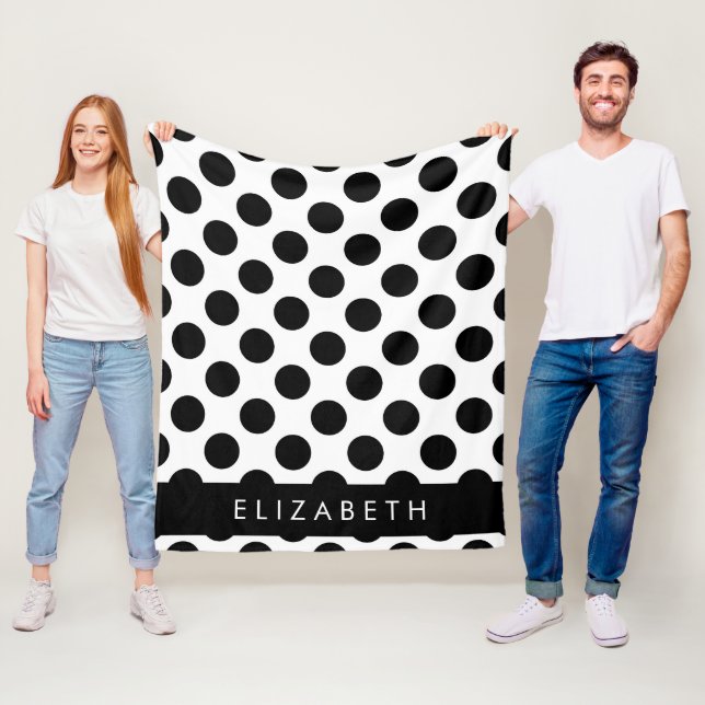 Black and White Polka Dots, Dotted, Your Name Fleece Blanket (In Situ)