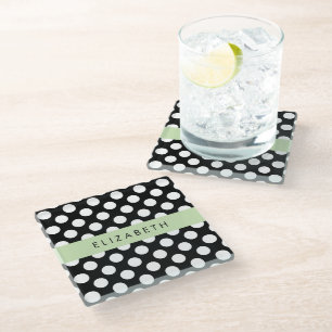 Black and White Polka Dots, Dotted, Your Name Glass Coaster